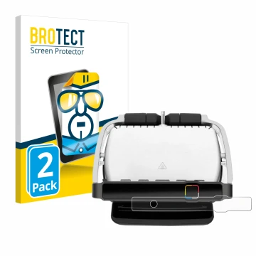 Front side of a product packaging with the brand logo BROTECT. Next to it is the device Tefal OptiGrill Elite shown with the c