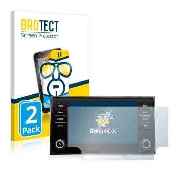 Front side of a product packaging with the brand logo BROTECT. Next to it is the device Skoda Karoq Amunds Sportline 2021 Info
