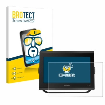 Front side of a product packaging with the brand logo BROTECT. Next to it is the device Garmin GPSMAP 8412 xsv shown with the 