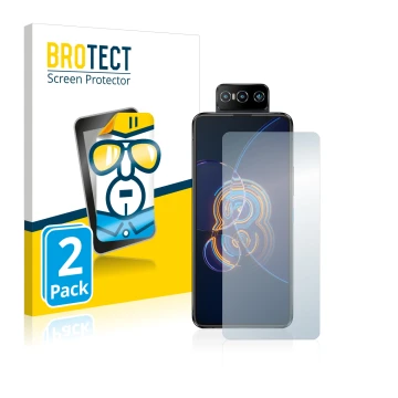 Front side of a product packaging with the brand logo BROTECT. Next to it is the device ASUS ZenFone 8 Flip shown with the cor