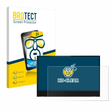 Front side of a product packaging with the brand logo BROTECT. Next to it is the device Lenovo ThinkVision M14t shown with the