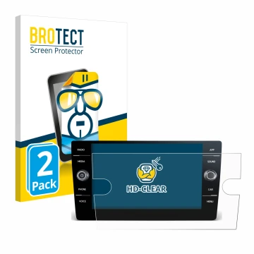 Front side of a product packaging with the brand logo BROTECT. Next to it is the device Volkswagen T6 2021 Discover Media 8