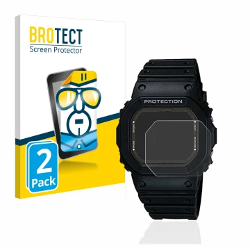 Front side of a product packaging with the brand logo BROTECT. Next to it is the device Casio G-Shock GW-5000-1JF shown with t