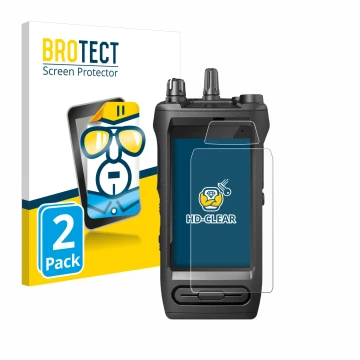 Front side of a product packaging with the brand logo BROTECT. Next to it is the device Motorola Mototrbo Ion shown with the c