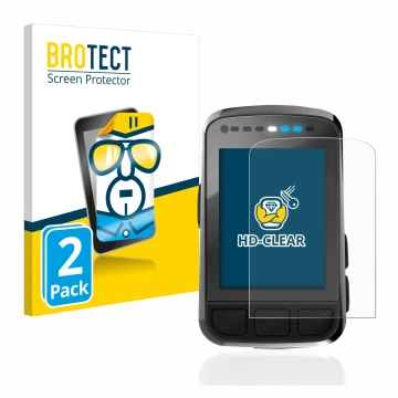 Front side of a product packaging with the brand logo BROTECT. Next to it is the device Wahoo Elemnt Bolt V2 GPS shown with th