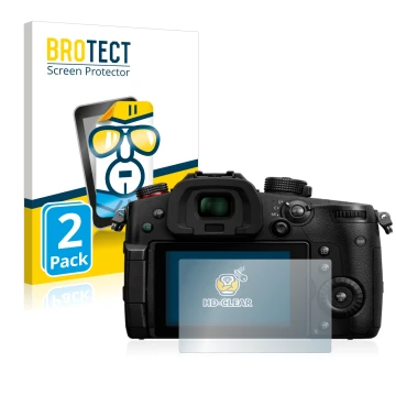 Front side of a product packaging with the brand logo BROTECT. Next to it is the device Panasonic Lumix DC-GH5 II shown with t