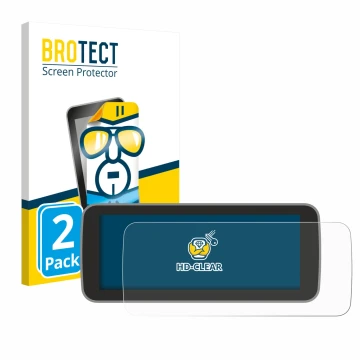 Front side of a product packaging with the brand logo BROTECT. Next to it is the device Fiat 500 E Uconnect 5 10