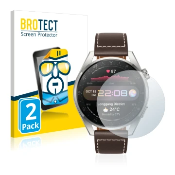 Front side of a product packaging with the brand logo BROTECT. Next to it is the device Huawei Watch 3 Pro shown with the corr