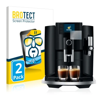Front side of a product packaging with the brand logo BROTECT. Next to it is the device Jura E8 (EB) shown with the correspond