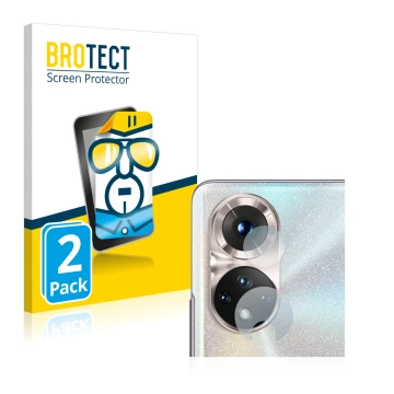 Front side of a product packaging with the brand logo BROTECT. Next to it is the device Honor 50 (ONLY Camera Lens) shown with