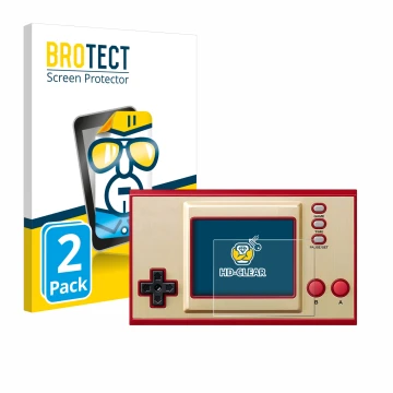 Front side of a product packaging with the brand logo BROTECT. Next to it is the device Nintendo Game & Watch Super Mario Bros