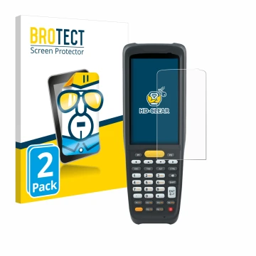Front side of a product packaging with the brand logo BROTECT. Next to it is the device Zebra MC2200 shown with the correspond