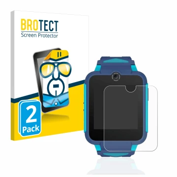 Front side of a product packaging with the brand logo BROTECT. Next to it is the device TCL Movetime Family Watch 2 shown with