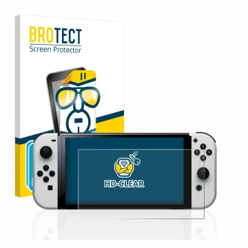 Front side of a product packaging with the brand logo BROTECT. Next to it is the device Nintendo Switch OLED-Modell shown with