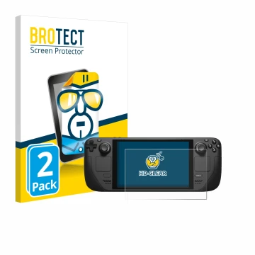 Front side of a product packaging with the brand logo BROTECT. Next to it is the device Valve Steam Deck shown with the corres