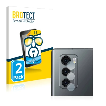 Front side of a product packaging with the brand logo BROTECT. Next to it is the device LG Wing (ONLY Camera Lens) shown with 