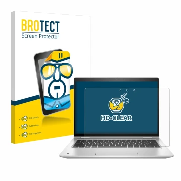 Front side of a product packaging with the brand logo BROTECT. Next to it is the device HP ProBook x360 435 G8 shown with the 