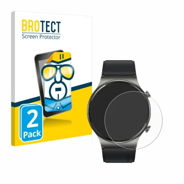 Front side of a product packaging with the brand logo BROTECT. Next to it is the device Huawei Watch GT 2 Pro ECG shown with t