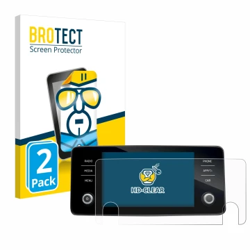 Front side of a product packaging with the brand logo BROTECT. Next to it is the device Skoda Bolero 2020 Infotainment System 