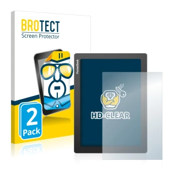 Front side of a product packaging with the brand logo BROTECT. Next to it is the device PocketBook InkPad Lite shown with the 