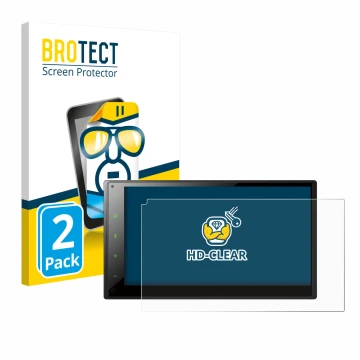 Front side of a product packaging with the brand logo BROTECT. Next to it is the device Pioneer SPH-DA160DAB shown with the co