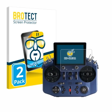 Front side of a product packaging with the brand logo BROTECT. Next to it is the device FrSky Tandem X20S shown with the corre