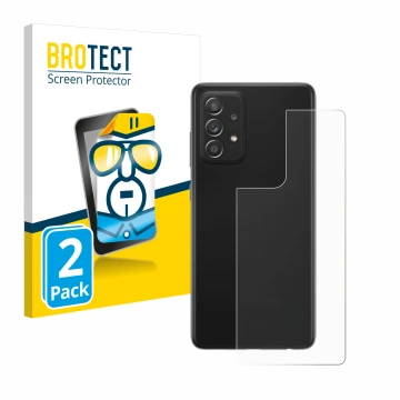 Front side of a product packaging with the brand logo BROTECT. Next to it is the device Samsung Galaxy A52s 5G (Back) shown wi