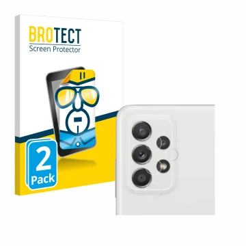 Front side of a product packaging with the brand logo BROTECT. Next to it is the device Samsung Galaxy A52s 5G (ONLY Camera Le