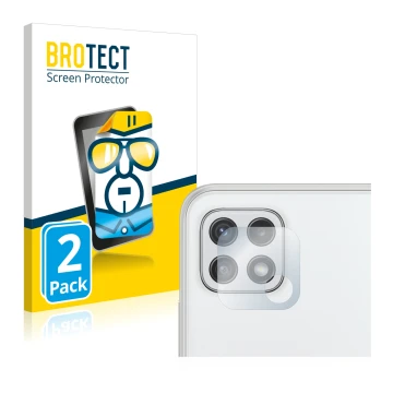 Front side of a product packaging with the brand logo BROTECT. Next to it is the device Samsung Galaxy A22 5G (ONLY Camera Len