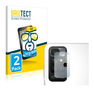 Front side of a product packaging with the brand logo BROTECT. Next to it is the device Xiaomi Redmi 10 (ONLY Camera Lens) sho