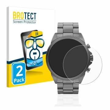 Front side of a product packaging with the brand logo BROTECT. Next to it is the device Fossil Gen 6 (44mm) shown with the cor