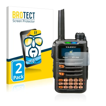 Front side of a product packaging with the brand logo BROTECT. Next to it is the device Yaesu FT-70DR shown with the correspon