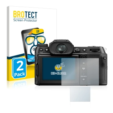 Front side of a product packaging with the brand logo BROTECT. Next to it is the device Fujifilm GFX50S II shown with the corr