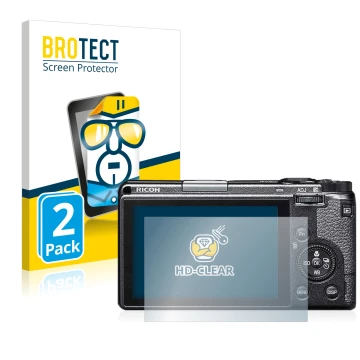 Front side of a product packaging with the brand logo BROTECT. Next to it is the device Ricoh GR IIIx shown with the correspon