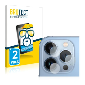 Front side of a product packaging with the brand logo BROTECT. Next to it is the device Apple iPhone 13 Pro (ONLY Camera Lens)