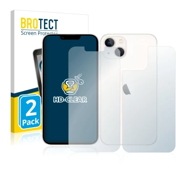 Front side of a product packaging with the brand logo BROTECT. Next to it is the device Apple iPhone 13 (Front+Back) shown wit