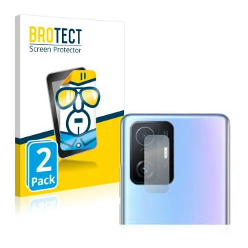 Front side of a product packaging with the brand logo BROTECT. Next to it is the device Xiaomi 11T Pro (ONLY Camera Lens) show