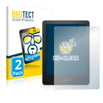 Front side of a product packaging with the brand logo BROTECT. Next to it is the device Amazon Kindle Paperwhite 2021 Signatur