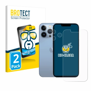 Front side of a product packaging with the brand logo BROTECT. Next to it is the device Apple iPhone 13 Pro (Front+Camera) sho