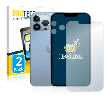 Front side of a product packaging with the brand logo BROTECT. Next to it is the device Apple iPhone 13 Pro Max (Front+Camera)