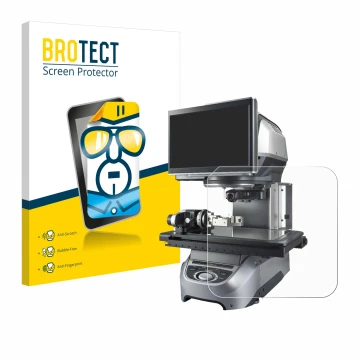 Front side of a product packaging with the brand logo BROTECT. Next to it is the device Keyence IM-8020 Glass plate shown with