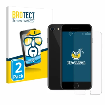 Front side of a product packaging with the brand logo BROTECT. Next to it is the device Apple iPhone SE 2 2020 (Front+Camera) 