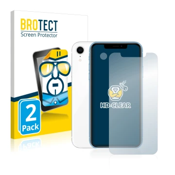 Front side of a product packaging with the brand logo BROTECT. Next to it is the device Apple iPhone XR (Front+Camera) shown w