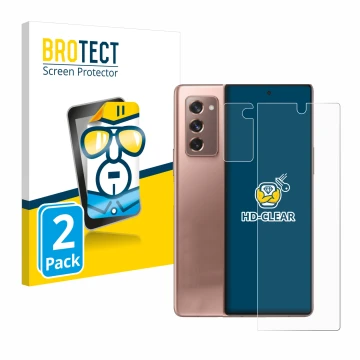Front side of a product packaging with the brand logo BROTECT. Next to it is the device Samsung Galaxy Z Fold 2 5G (Front+Came