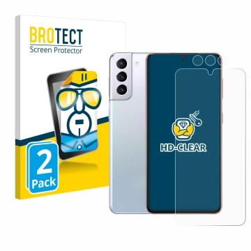 Front side of a product packaging with the brand logo BROTECT. Next to it is the device Samsung Galaxy S21 (Front+Camera) show