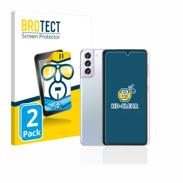 Front side of a product packaging with the brand logo BROTECT. Next to it is the device Samsung Galaxy S21 5G (Front+Camera) s