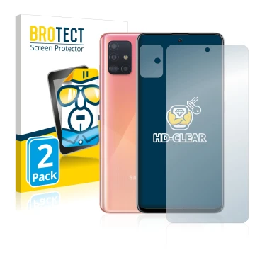 Front side of a product packaging with the brand logo BROTECT. Next to it is the device Samsung Galaxy A51 (Front+Camera) show
