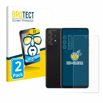 Front side of a product packaging with the brand logo BROTECT. Next to it is the device Samsung Galaxy A52 (Front+Camera) show