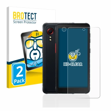 Front side of a product packaging with the brand logo BROTECT. Next to it is the device Samsung Galaxy XCover 5 (Front+Camera)