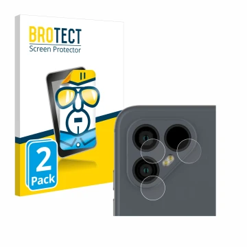 Front side of a product packaging with the brand logo BROTECT. Next to it is the device Fairphone 4 (ONLY Camera Lens) shown w